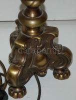 Réz lámpa, sérült bőr burával, 59 cm magassággal,két égővel. Működőképes állapotban