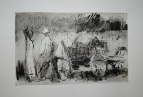 Blahos Rudolf (1917-1986): Kútnál (1964),  vegyes technika, papír, jelzett, 21x32 cm