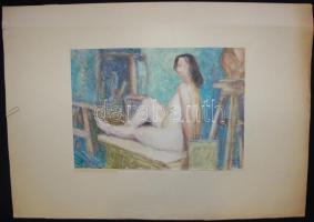 Blahos Rudolf (1917-1986): Női akt a komódon (1953) vegyes technika, papír, jelzett, 25x32 cm, kis szakadás az alján