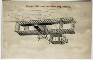 1910 Andre Frey korai pilóta kolozsvári repülésére kiadott képeslap, rajta a pilóta és Fedák Sári sajét kezű aláírásával / 1910 Postcard about flight of Andre Frey with autograph signature