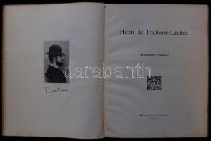 Hermann Esswein: Henri de Toulouse-Lautrec (Moderne Illustratoren III). München - Leipzig, 1904, R. Piper & Co. Kiadói félvászon kötésben, korabeli reprodukciókkal. A kötése megviselt, az előzéklapon kis szakadás, egyébként jó állapotú. Első kiadás (!) / Original half-linen somewhat worn binding, small crack on fly leaf, otherwise in good condition. First edition, illustrated