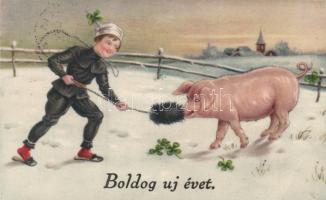 New Year chimney sweeper, pig, clover, litho (EB)