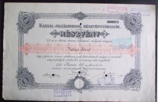 1898. "Kassai Jelzálogbank Részvénytársaság" részvénye 200K-ról csehszlovák bélyegzéssel és "Selejtezve" bélyegzésekkel