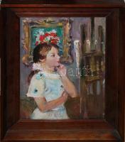 Balogh András (1919-1992): Kislány a műteremben, olaj, műanyag lap, üvegezett keretben, 33×25 cm. Képcsarnok címke a hátoldalon.