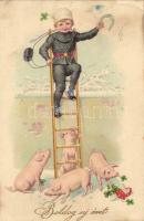 New year, chimney sweeper, pigs, clover, horseshoe, mushrooms, litho (EK)