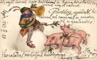 New Year, dwarf, pigs, tuba, horseshoe, litho (EK)