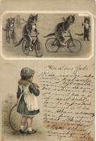 Cats, bicycle, little girl, litho small tear