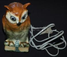 Bagoly alakú, mázas, jelzett porcelán lámpa, kiválóan működik / GDR porcelain lamp in owl figure, works well, 20cm