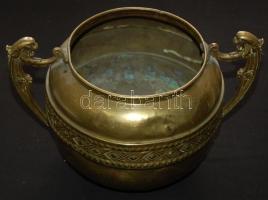 Geometrikus díszítésű, antik sárgaréz kaspó oroszlános fülekkel / Decorative antique brass pot 15x14cm