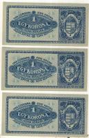 1920. 1K "aa" rozsdavörös (3x) egymás utáni sorszámmal T:I(apró sarokkopás)