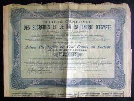 Egyiptom 1906. Cukorfinomító vállalat részvénye 100Fr-ról francia nyelven, szelvényekkel  &lt;br/&gt;Egypt 1906. Sugar-refinery company&#039;s stock about 100 Franc in French with coupons