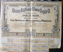 Egyiptom 1914. Elektromos energia és áram ellátó vállalt részvénye francia nyelven, szelvényekkel Egypt 1914. Electric Light and Power Supply Corporations stock in French with coupons