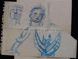 Lux Alice (1906-1988): 3 db rajz, akt, női fej, tanulmányrajz, tus, toll, papír  28×20 cm