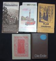 Kis térkép- és prospektustétel: Die Erde zsebatlasz, valamint 4db háború előtti prospektus térképekkel és reklámokkal Bécsről, Innsbruckról, Hohensalzburgról, illetve Alsó-Ausztriáról