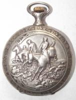 Cca 1907  Doxa zsebóra, fém, hátoldalán zsokék versenyben, sérült számlap /
Vintage Doxa pocket watc...