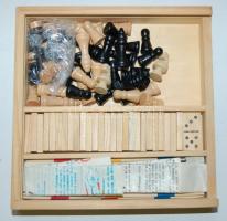 Fából készült útijáték készlet: sakk, dáma, dominó, marokkó