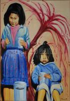 Rámpay Borbála: Japán gyerekek, olaj, vászon, jelzett 85×65 cm / Japanese Children, oil, canvas, signed