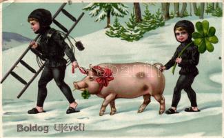 New Year, pig, chimney sweepers litho (EK)