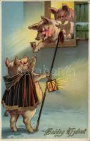 New Year, pigs litho