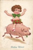 New Year, pig ride litho