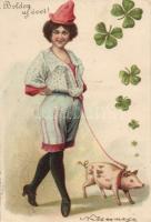 New Year, lady, pig litho