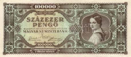 1945. 100.000P (2x) egyik eltolódott nyomattal + 1946. 100.000MP (2x) + 100.000BP (2x) T:I-,II,II-