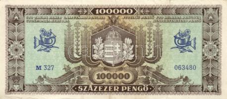 1945. 100.000P (2x) egyik eltolódott nyomattal + 1946. 100.000MP (2x) + 100.000BP (2x) T:I-,II,II-