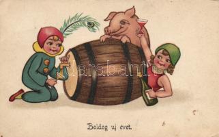 New Year, pig, bizarre litho