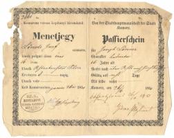 1851  2db Menetjegy Komárom városa kapitányi hivatalától magyar és német nyelven, megviselt állapotb...
