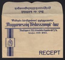 1941 A Mátyás-királyvárosi gyógyszertár "Magyarország Védasszonyá"-hoz receptborítéka recepttel