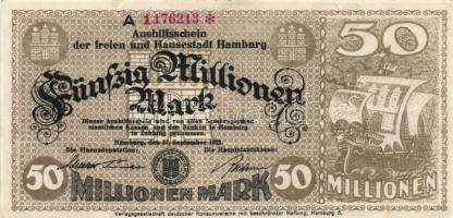 Német Birodalom/Weimari Köztársaság/Hamburg/Finanzdeputation und Hauptstaatskasse 1923. 50.000.000M + Düsseldorf 1923.8.1. 500.000M T:II,III Germany-Weimar Republic/Hamburg/Finanzdeputation und Hauptstaatskasse 1923. 50.000.000 Mark + Düsseldorf 1923.1.8. 500.000 Mark C:XF,F