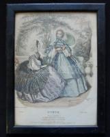 1857 2db francia divattal kapcsolatos metszet, üvegezett keretekben, apró sérülésekkel, 23×18 cm