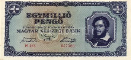 1945. 1.000.000P (2x) egymáshoz közeli sorszámúak T:II(hajtatlanok, szélei sérültek)