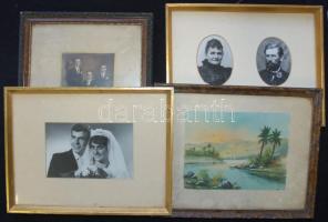 4db jó állapotú üvegezett képkeret fotókkal, ill. egy nyomattal /  Wooden frames with pictures, cca 35x28cm