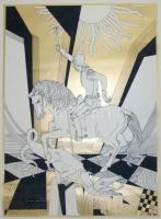 Szász Endre (1926-2003): Sárkányölő Szent György, szitanyomat, jelzett 100/40, apró hibával, 57×43 c...