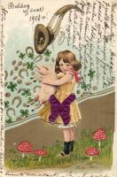 New Year mushrooms, pig Emb. litho silk card