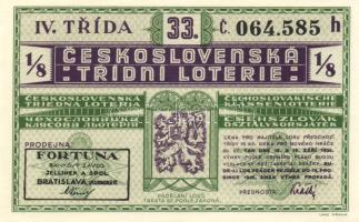 Csehszlovákia 1935. 33. Csehszlovák Osztálysorsjáték IV.osztály 1/8 sorsjegye öt nyelven! T:I- Czechoslovakia 1935. 33th Czechoslovak class lottery 4th class 1/8 ticket in five language C:AU