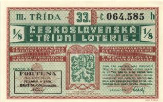 Csehszlovákia 1935. 33. Csehszlovák Osztálysorsjáték III.osztály 1/8 sorsjegye öt nyelven! T:I- Czechoslovakia 1935. 33th Czechoslovak class lottery 3rd class 1/8 ticket in five language C:AU