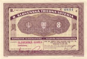 Szlovákia 1943. 8. Szlovák Osztálysorsjáték II.osztály 1/8 sorsjegye három nyelven! T:I Slovakia 1943. 8th Slovak class lottery 2nd class 1/8 ticket in three language C:Unc