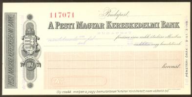 ~1940. "A Pesti Magyar Kereskedelmi Bank" kitöltetlen csekk T:I