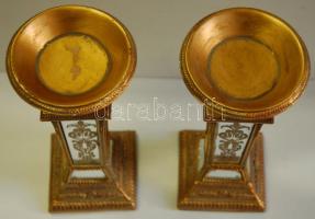 Bronzírozott gipsz mécsestartó pár festett tükörbetéttel (kis lepattogzásokkal, az egyiken javítás n...