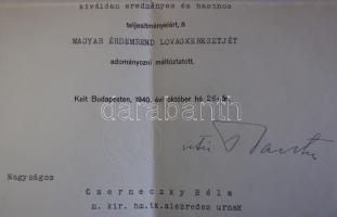 1940 Magyar Érdemrend Lovagkereszt emléklap vitéz Bartha Károly honvédelmi miniszter aláírásával