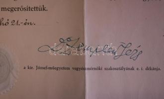 1924 Magyar Királyi József Műegyetem díszes vegyészmérnöki oklevele szárazpecséttel szép állapotban