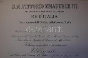 1936 Olasz korona rend oklevele magyar tiszt részére aláírásokkal