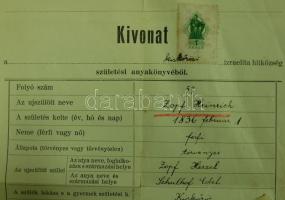 1939 Kivonat a kiskőrösi izraelita hitközség születési anyakönyvéből a hitközség pecsétjével és Synd...