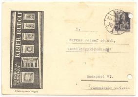 Szegedi Krier Rudolf divatáruházának nyílt levelezőlapja (jobb oldalon lyukasztással)