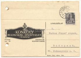 Szarvasi Konkoly Búzavirág divatüzlet nyílt levelezőlapja (bal oldalon lyukasztással)