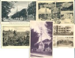 5 db régi városképes lap, Magyarország területéről, egy kivételével mind használatlan, köztük Harkányfürdő vasútállomás