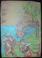 Szabó Vladimír jelzéssel: Fürdőzök, vegyes technika, papír, 45× 32 cm