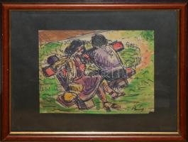 Bényi jelzéssel: A padon, vegyes technika, papír, üvegezett keretben 17×21 cm